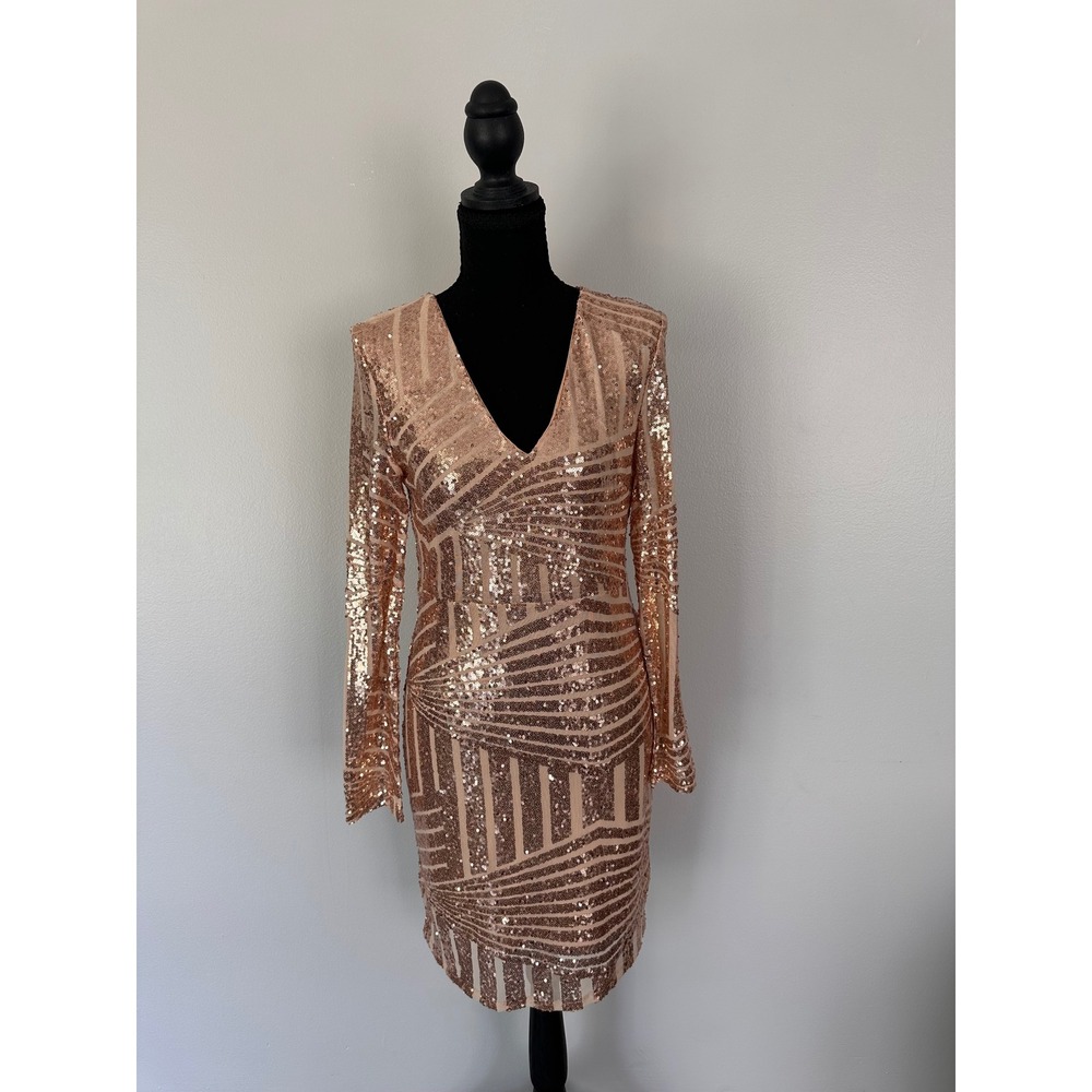 Miss Ord Rose Gold Sequin Geometric V-Neck Long Sleeve Bodycon Mini Dress Medium